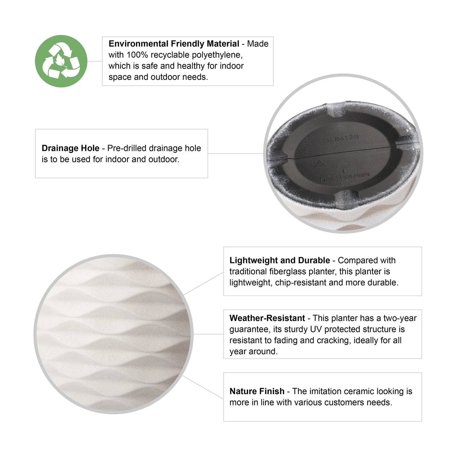 Glitzhome 19"H Set of 2 Modern Oversized Tall Planter Flowerpot Eco-Friendly Wave/ Diamond Textured Plant Pot