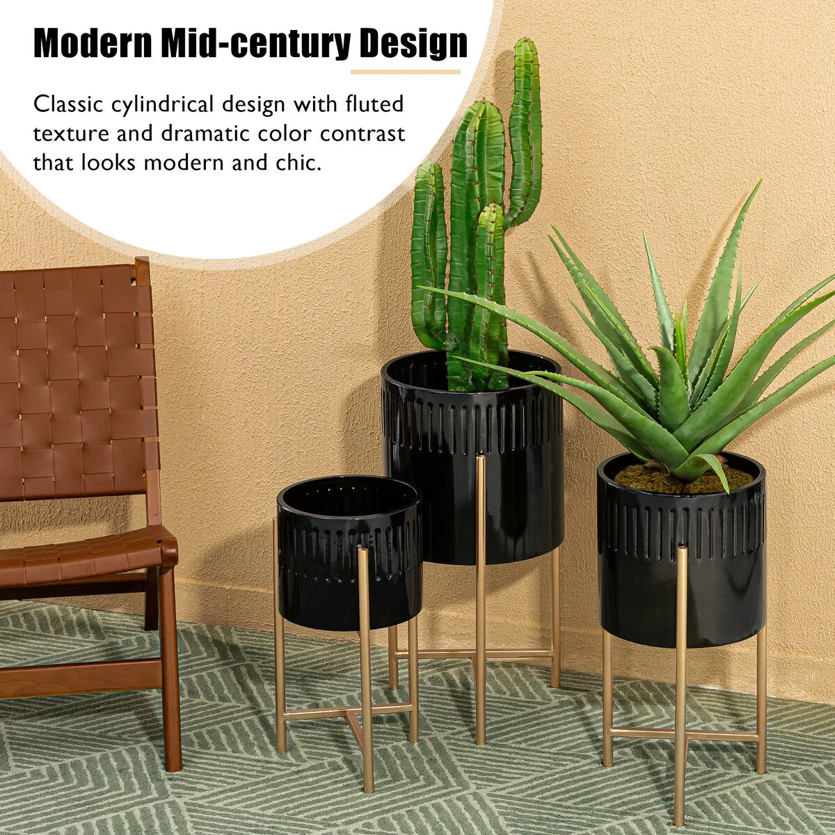 Glitzhome Set of 3 Modern Metal Cachepot Planters with Stands Plant Flower Pot Indoor Outdoor