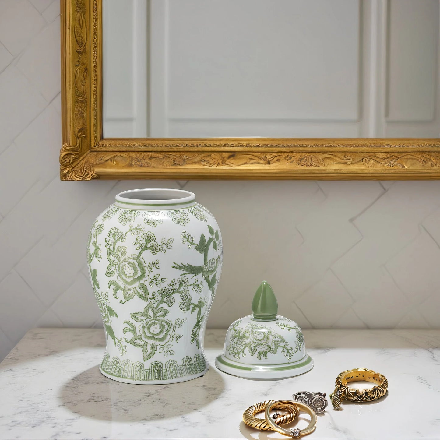Sagebrook Home Chinoiserie Stoneware Ceramic Jar with Lid - Ornate Decorative Accent Piece