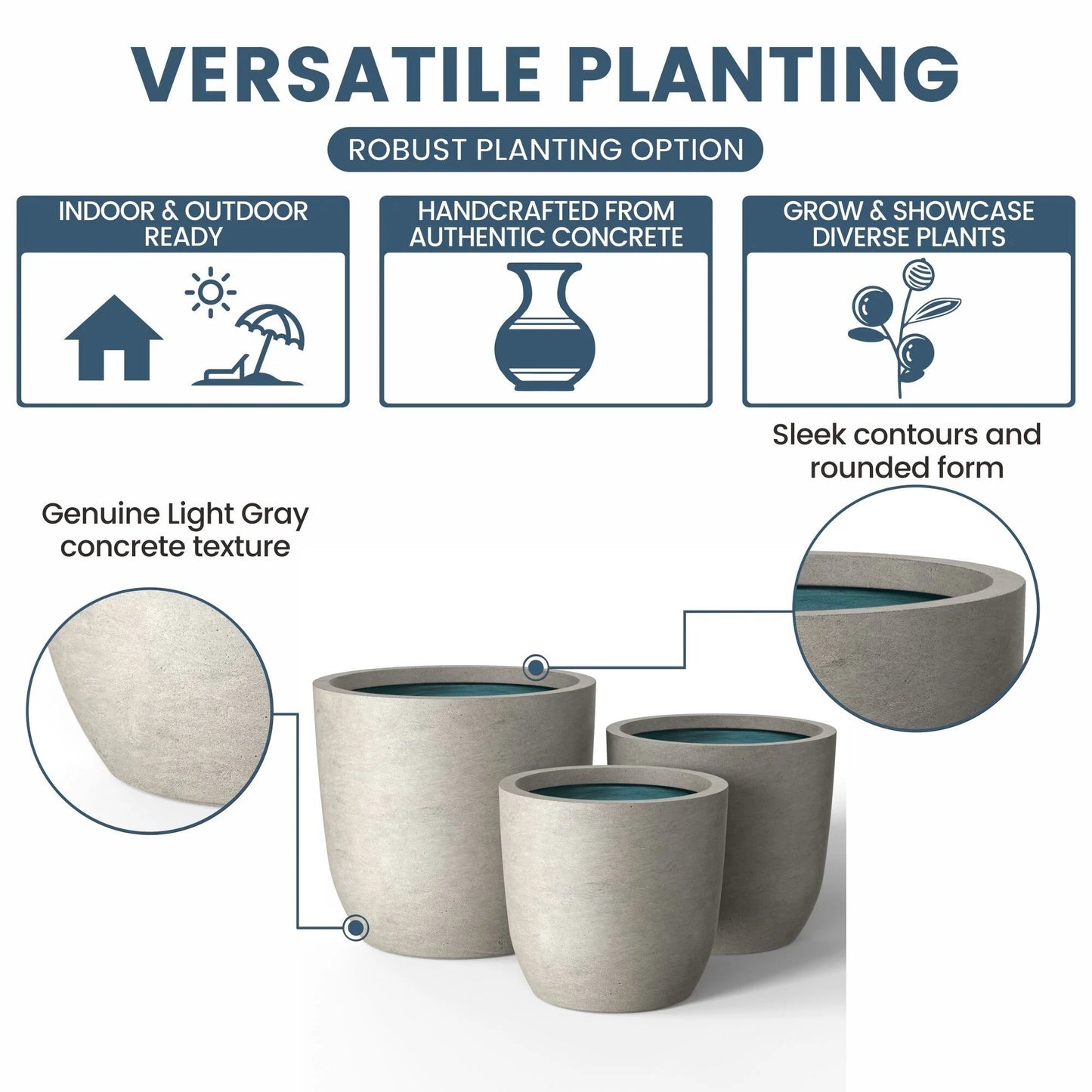 Tall Concrete Round Plant Pots / Large Indoor and Outdoor flower Planters
