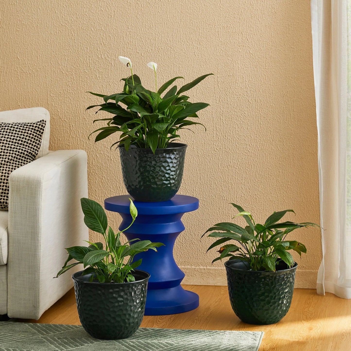 Glitzhome Honeycomb Textured Blue Green Faux Ceramic Pot Plastic Planter(Set of 2 / Set of 3)