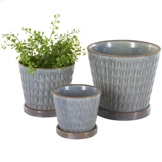 Ceramic Geometric Oval Patterned Indoor Outdoor Planter with Brown Accents and Base Tray - Set of 3 Blue - Roche River Decor