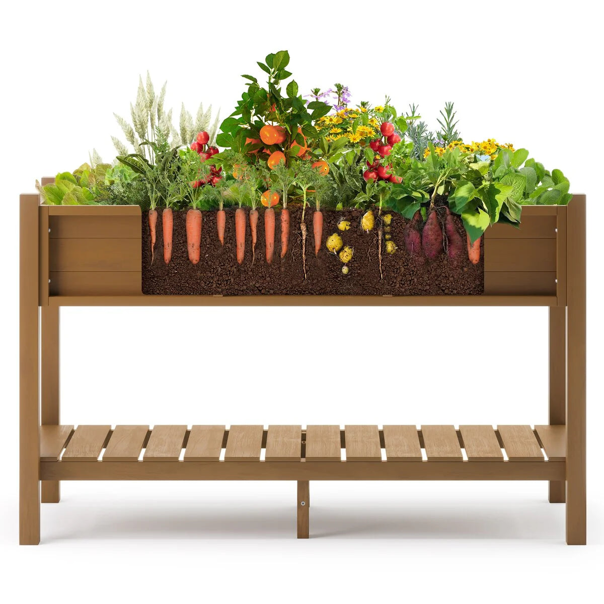 LUE BONA Patio Plastic Raised Elevated Garden Bed HDPS Planter Box Stand with Storage Shelf and Legs