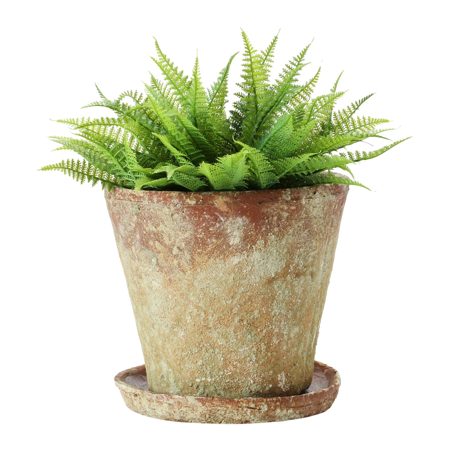 Cement Planter with Saucer, Distressed Terra-cotta Finish
