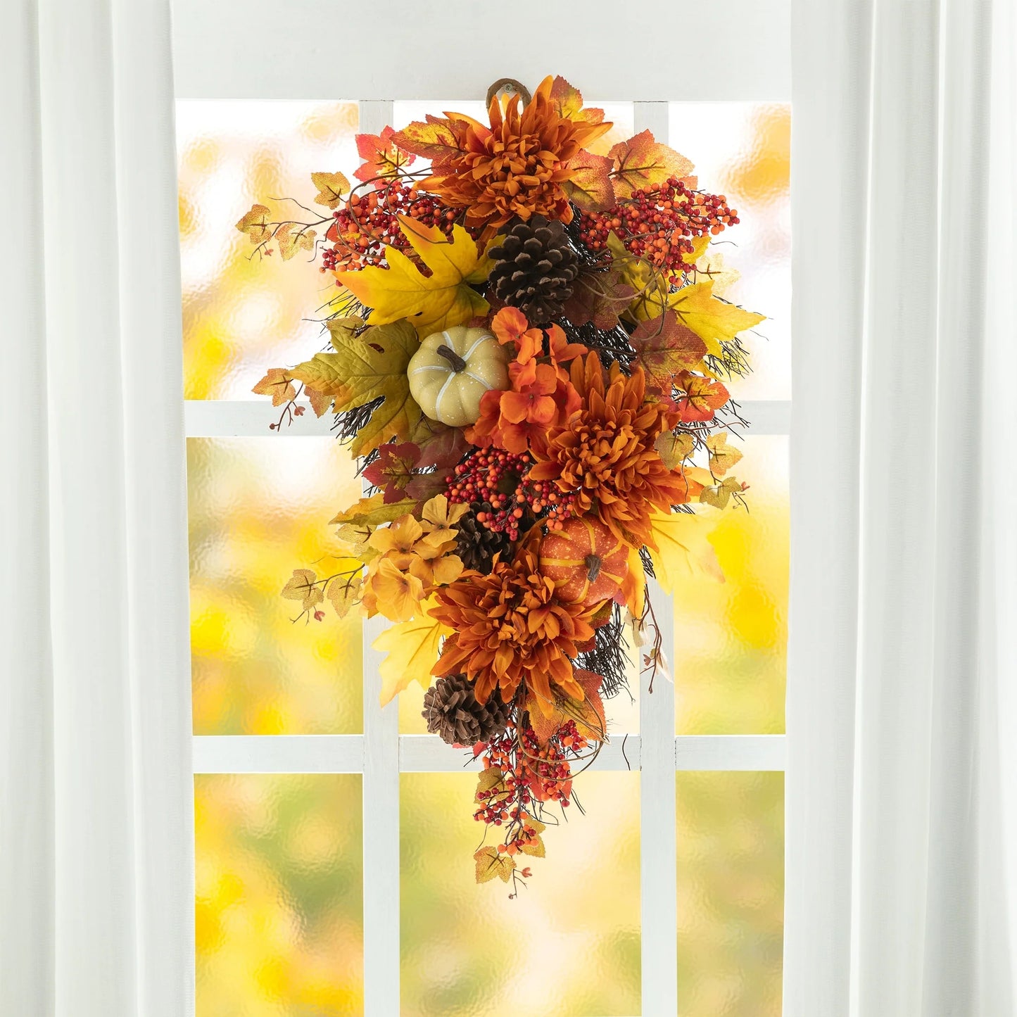 Glitzhome 26"H Fall Sunflower Pumpkin Lotus Leaf Teardrop Swag for Thanksgiving