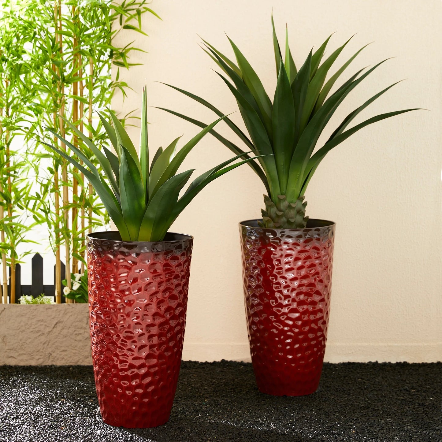 Glitzhome 23.75"H Set of 2 Oversized Eco-Friendly PP and Stone Honeycomb Textured Blue/Green/Red Tall Plastic Planter