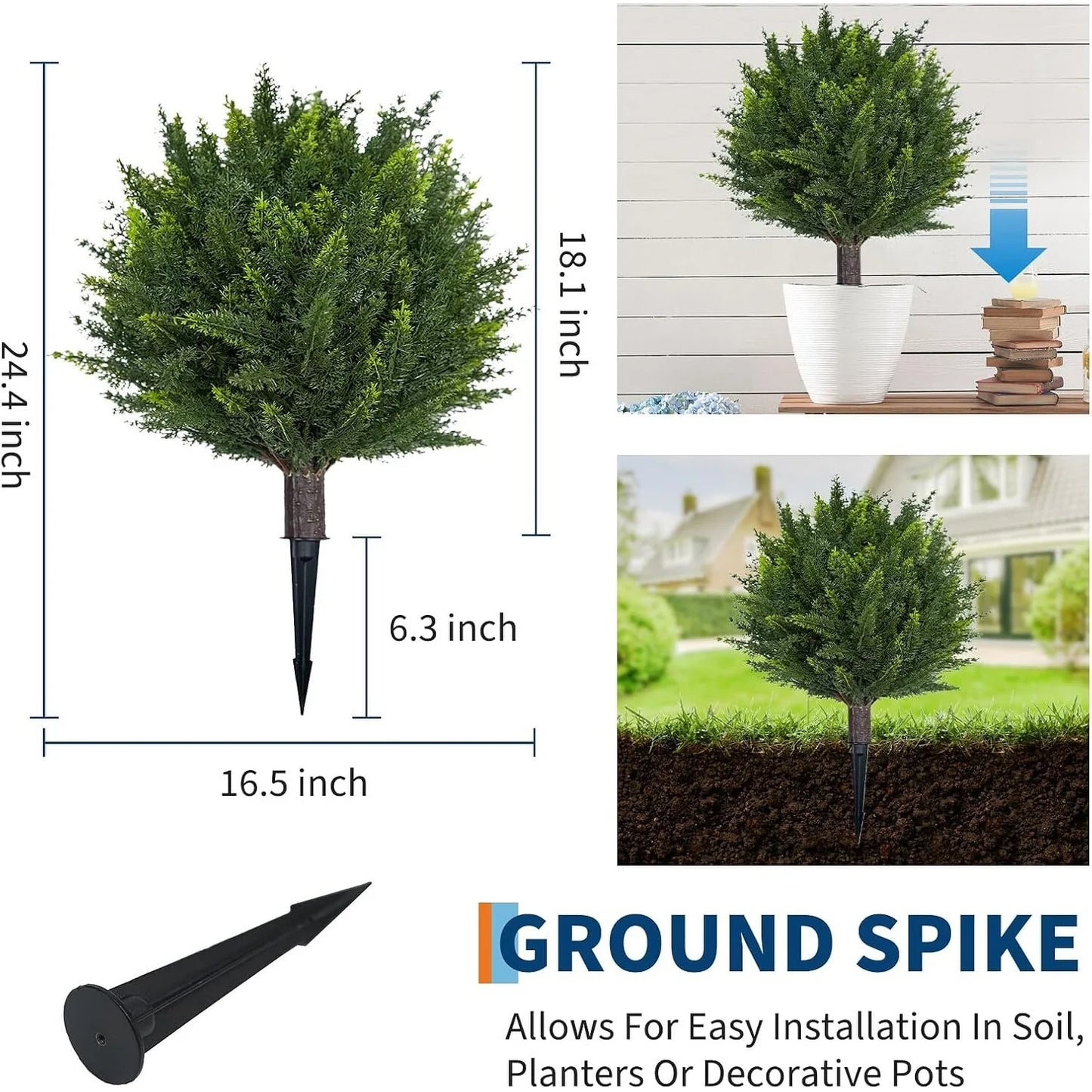 24.4" Artificial Topiary Ball Trees, 2 Pack UV Resistant Fake Bushes with Ground Spike