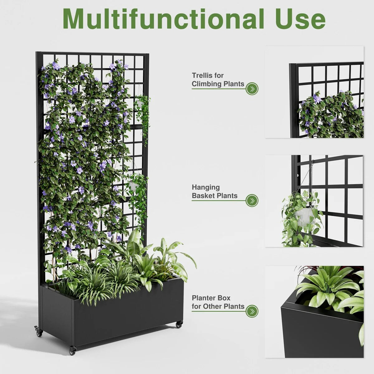 Movable Raised Garden Bed with Trellis and Lockable Wheels - 71*35