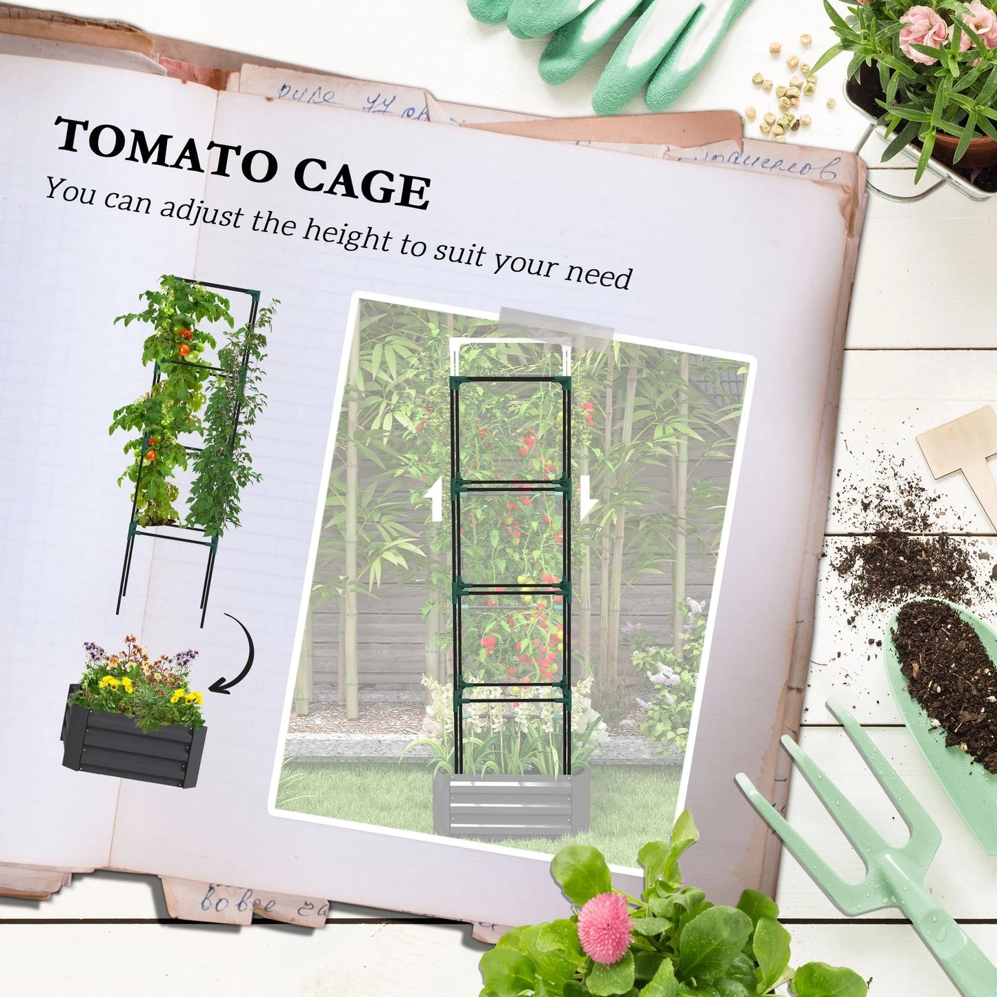 Outsunny Galvanized Raised Garden Bed, 24" x 24" x 11.75" Outdoor Planter Box with Trellis Tomato Cage and Open Bottom
