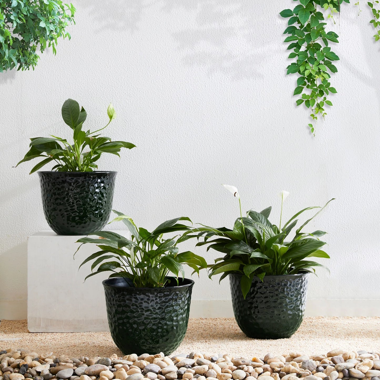 Glitzhome Honeycomb Textured Blue Green Faux Ceramic Pot Plastic Planter(Set of 2 / Set of 3)