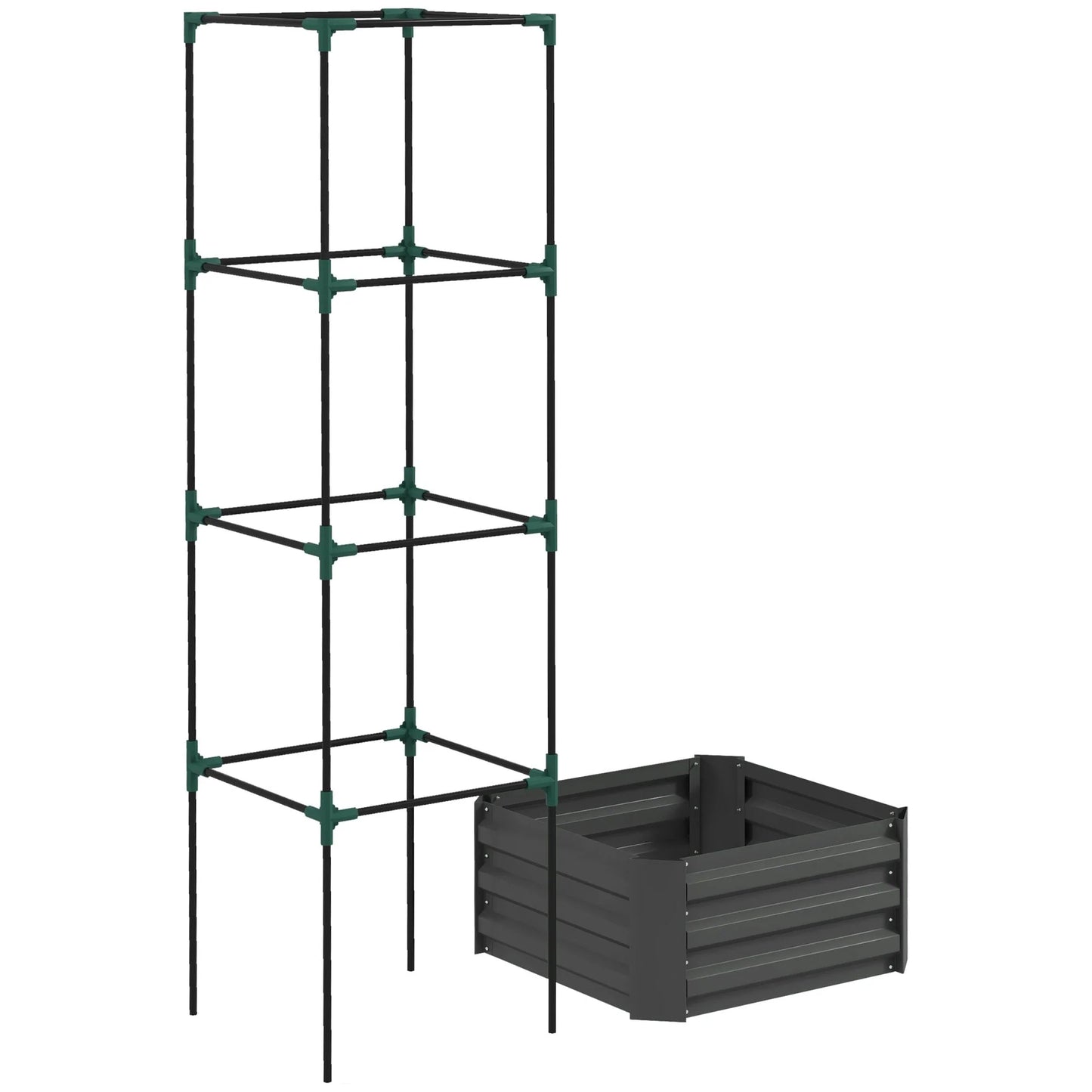 Outsunny Galvanized Raised Garden Bed, 24" x 24" x 11.75" Outdoor Planter Box with Trellis Tomato Cage and Open Bottom