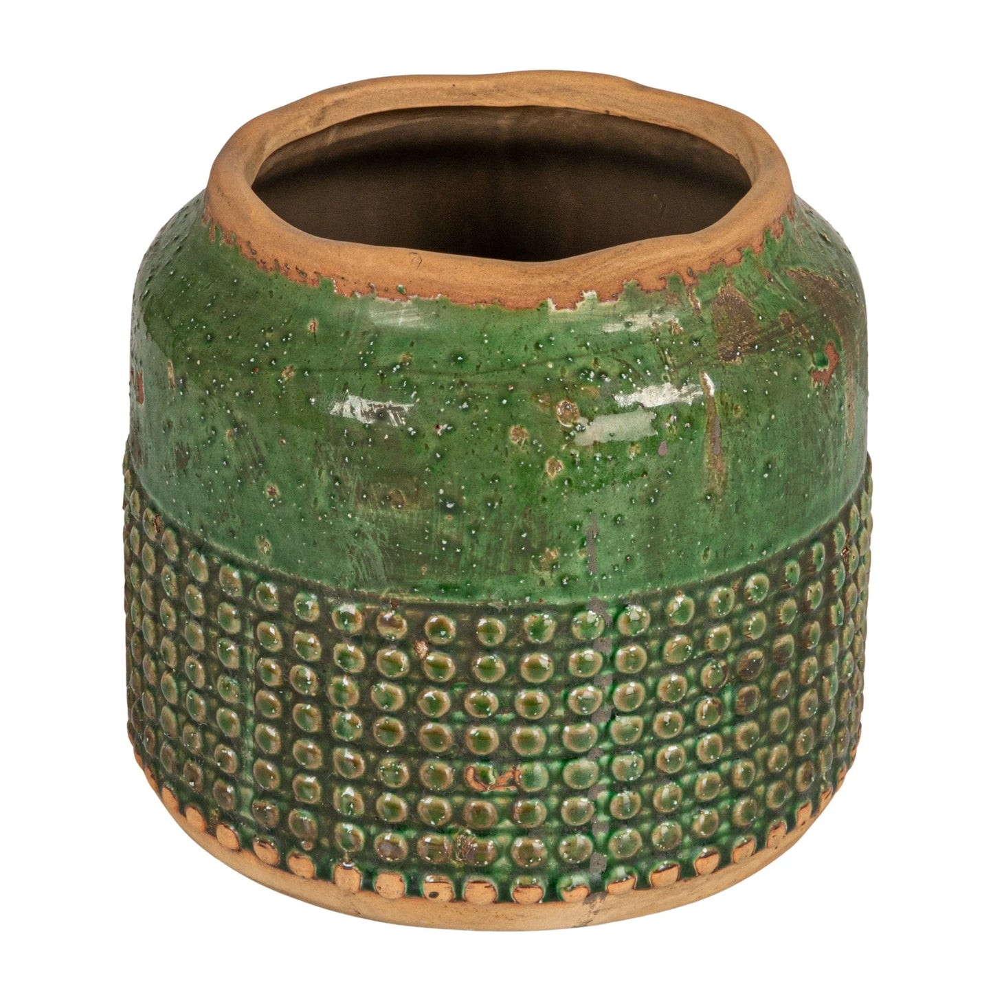 Round Terra-cotta Hobnail Planter Vase with Heavily Distressed Finish