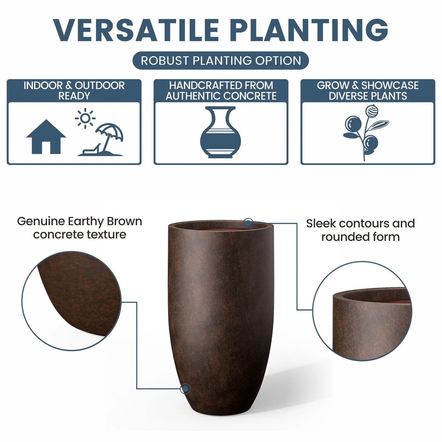 Textured Granite Gray Tall Concrete Round Plant Pots / Large Indoor and Outdoor flower Planters (13.5 Inch x 24.5 Inch)
