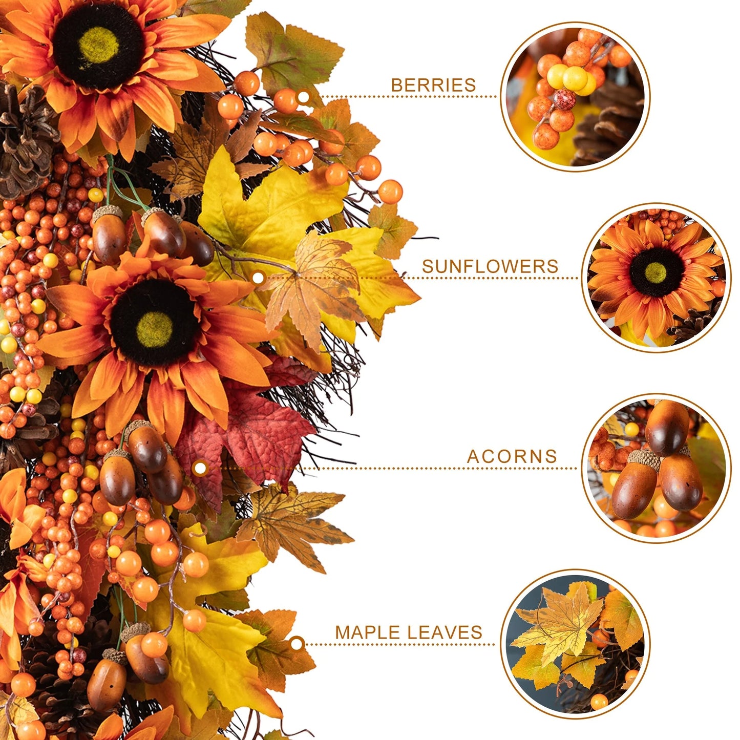 Glitzhome 26"H Fall Sunflower Pumpkin Lotus Leaf Teardrop Swag for Thanksgiving