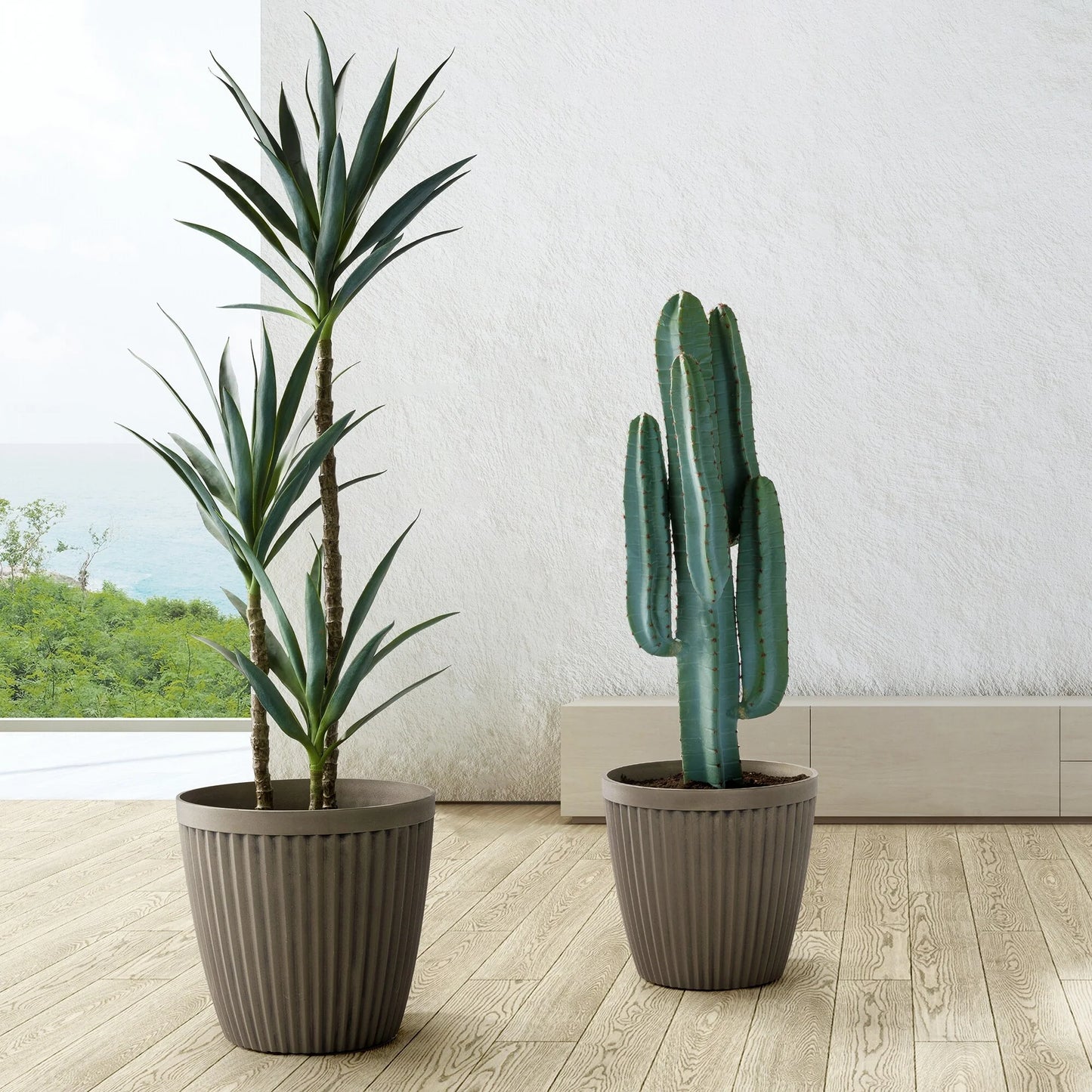 Glitzhome Set of 2 Eco-Friendly Oversized Faux Concrete Fluted Plant Pots Flower Planter Porch Decor