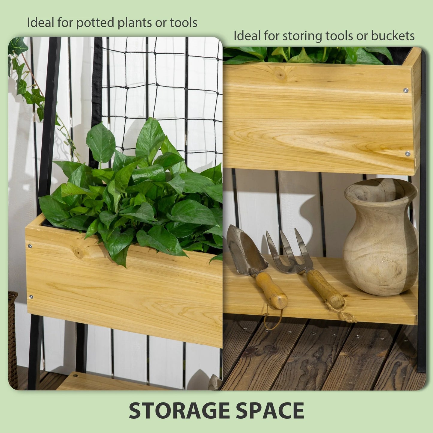 Outsunny Raised Garden Bed with Climbing Grid Trellis & Storage Shelf, Elevated Planter Box for Vegetable Vines