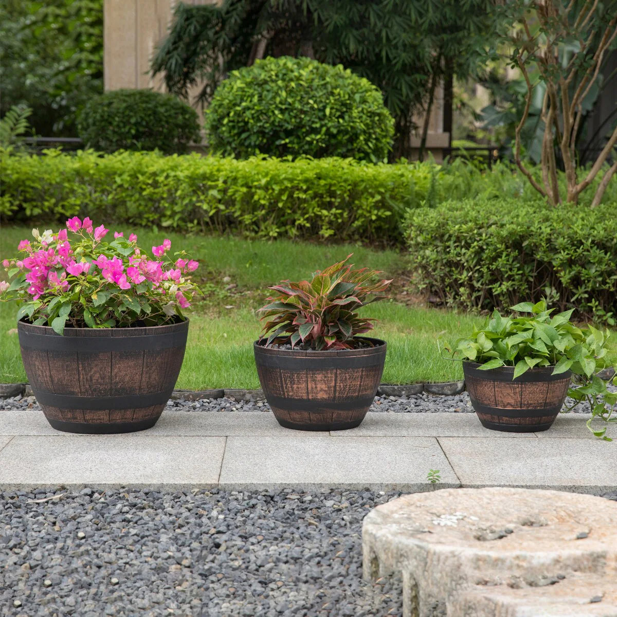 Brown Outdoor Rustic Half Barrel Flower Garden Planter Bowl, Plastic