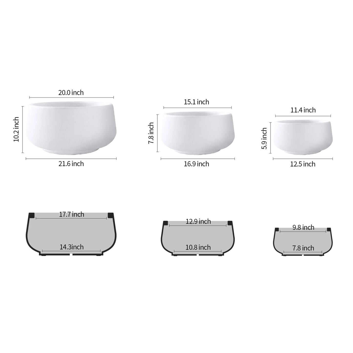 Kante 21.6", 16.9", 12.5"W Round White Concrete Planters (Set of 3), Outdoor/Indoor