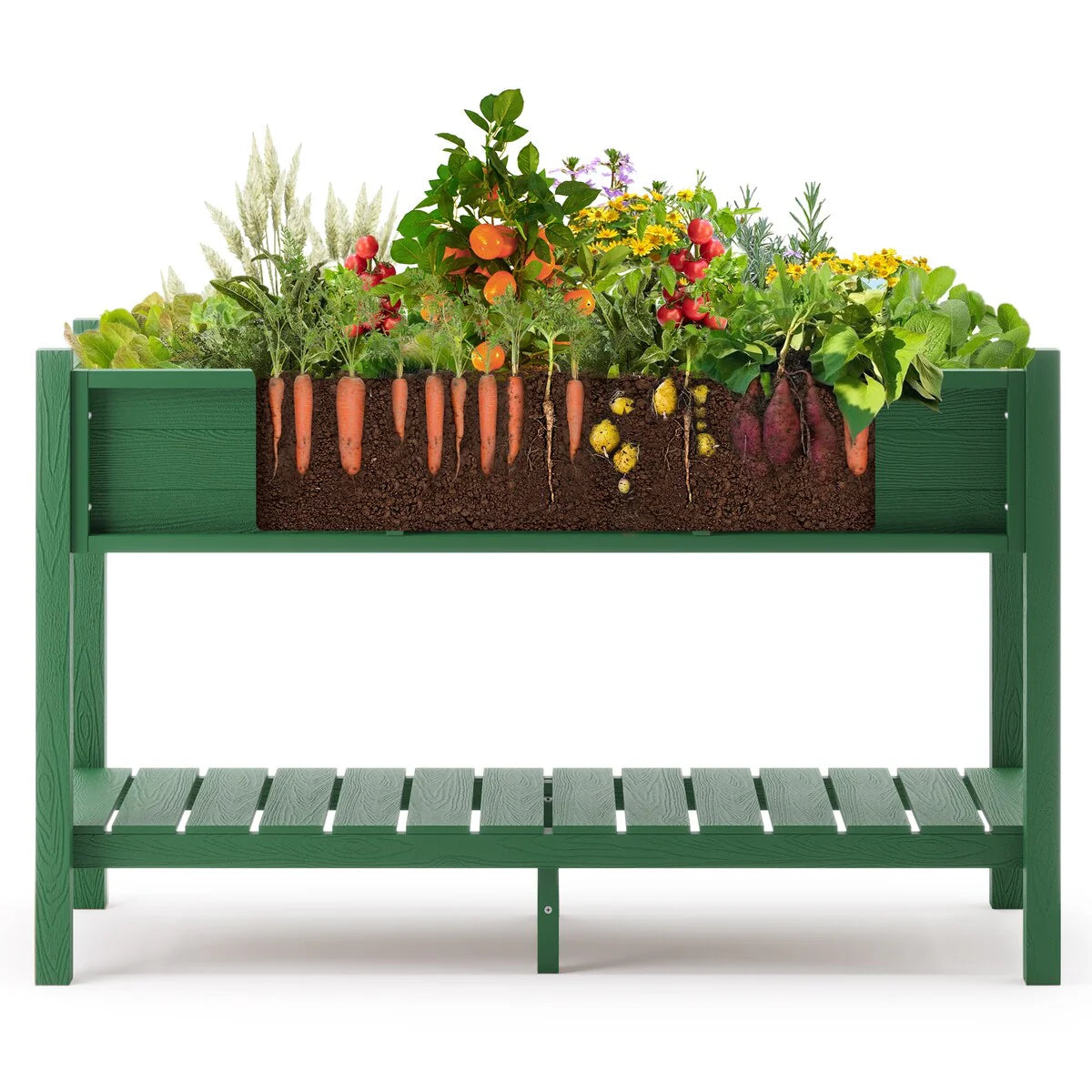 LUE BONA Patio Plastic Raised Elevated Garden Bed HDPS Planter Box Stand with Storage Shelf and Legs