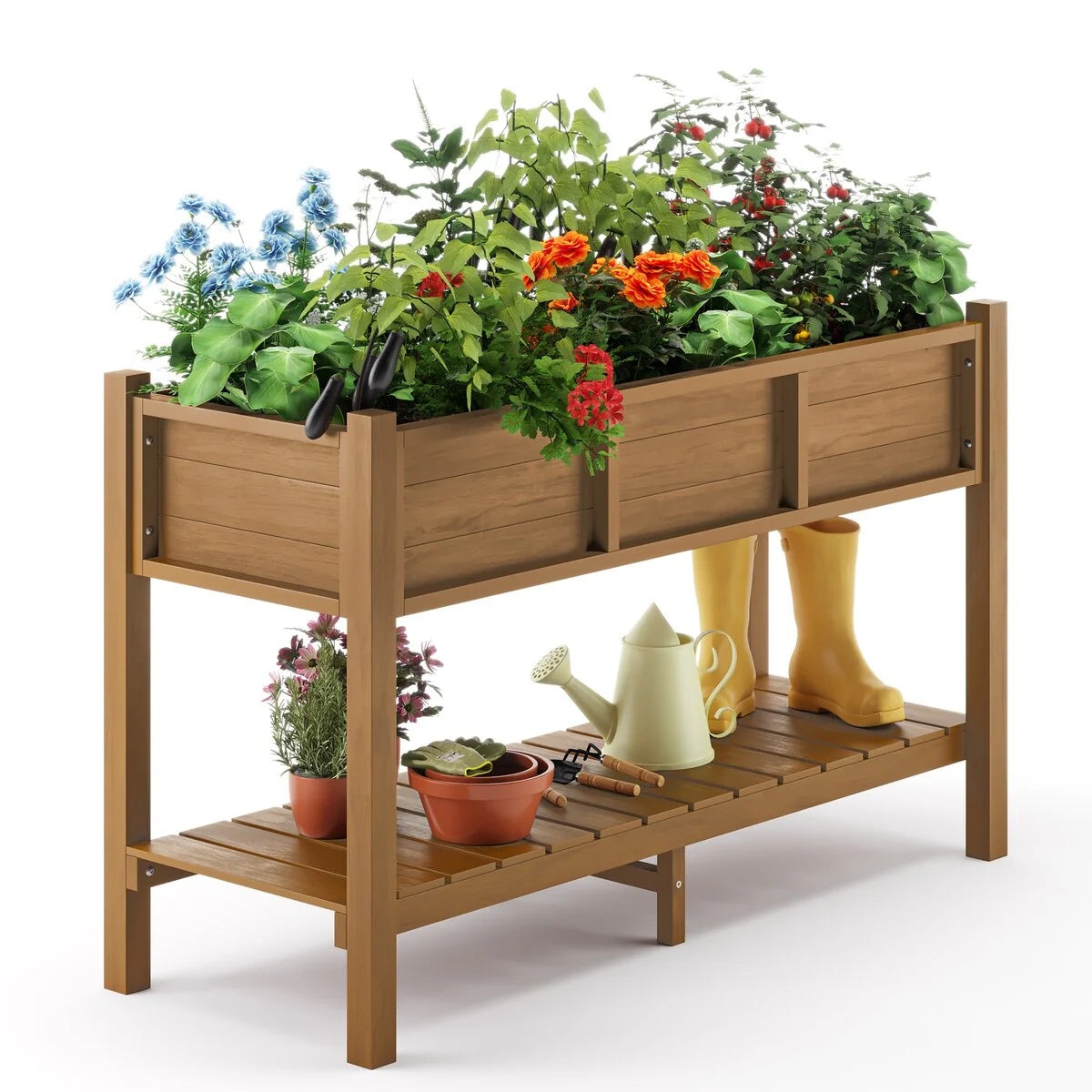 LUE BONA Patio Plastic Raised Elevated Garden Bed HDPS Planter Box Stand with Storage Shelf and Legs