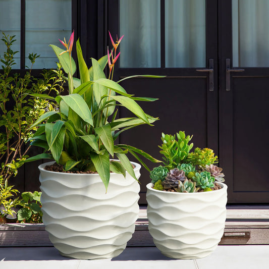 Kayu 2-piece Wavy Design White MgO Planters by Havenside Home