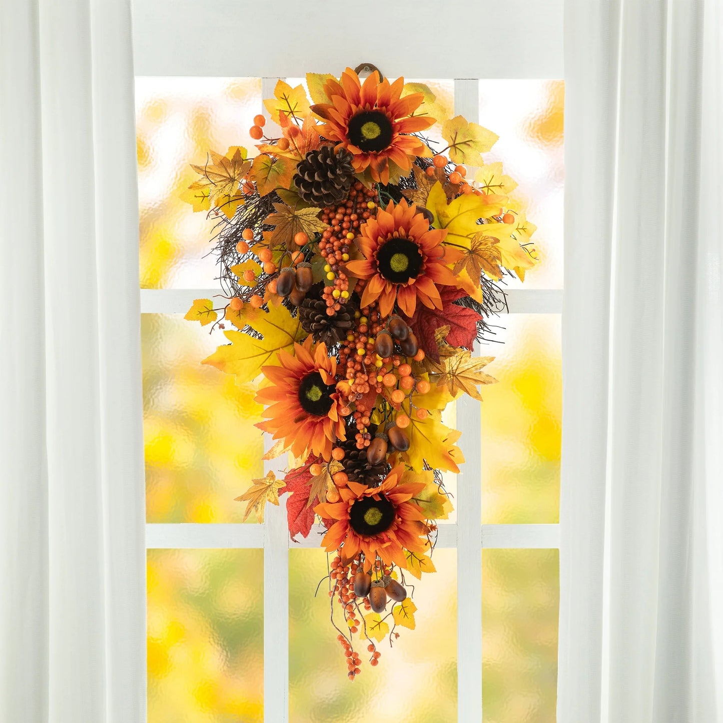 Glitzhome 26"H Fall Sunflower Pumpkin Lotus Leaf Teardrop Swag for Thanksgiving