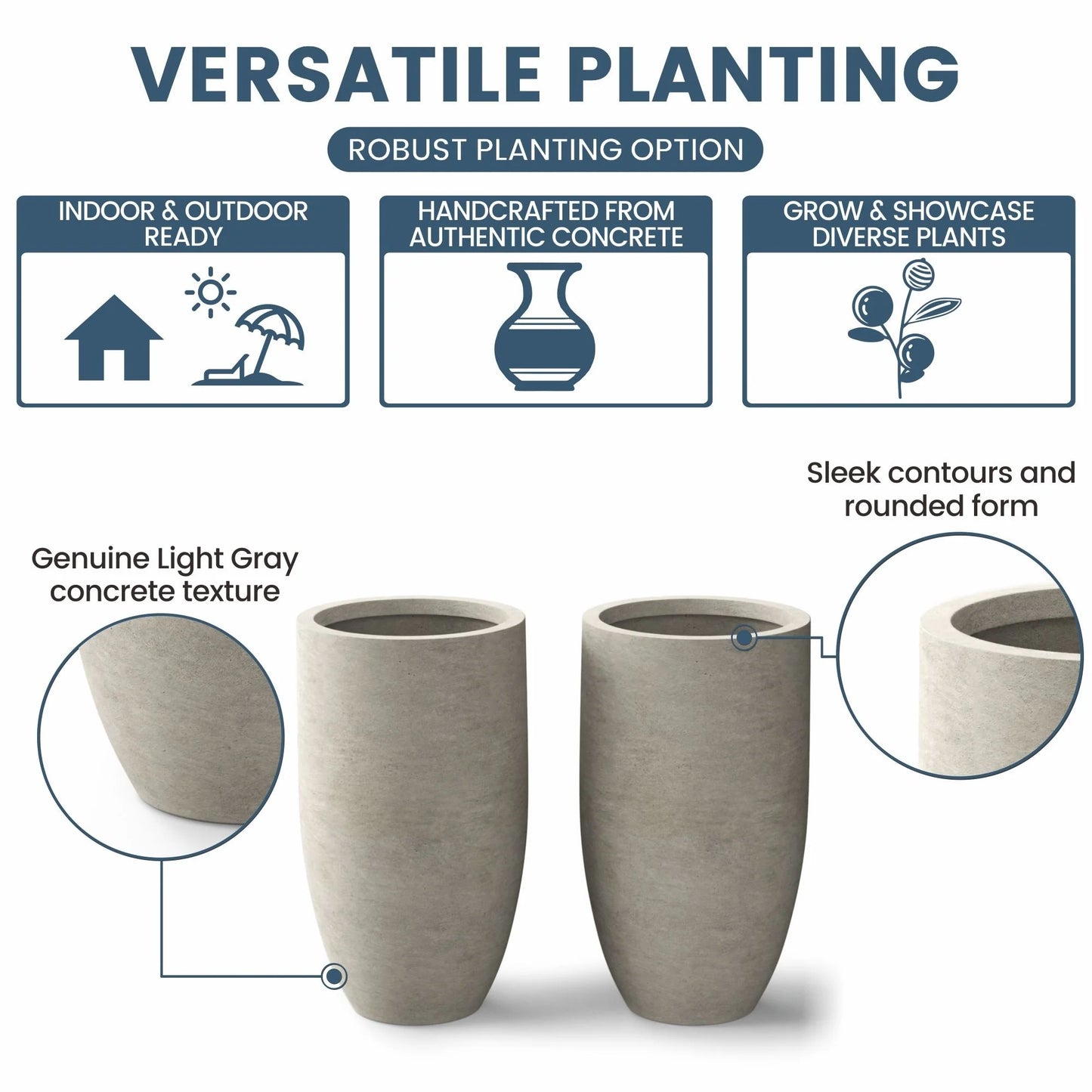 Textured Granite Gray Tall Concrete Round Plant Pots / Large Indoor and Outdoor flower Planters (13.5 Inch x 24.5 Inch)