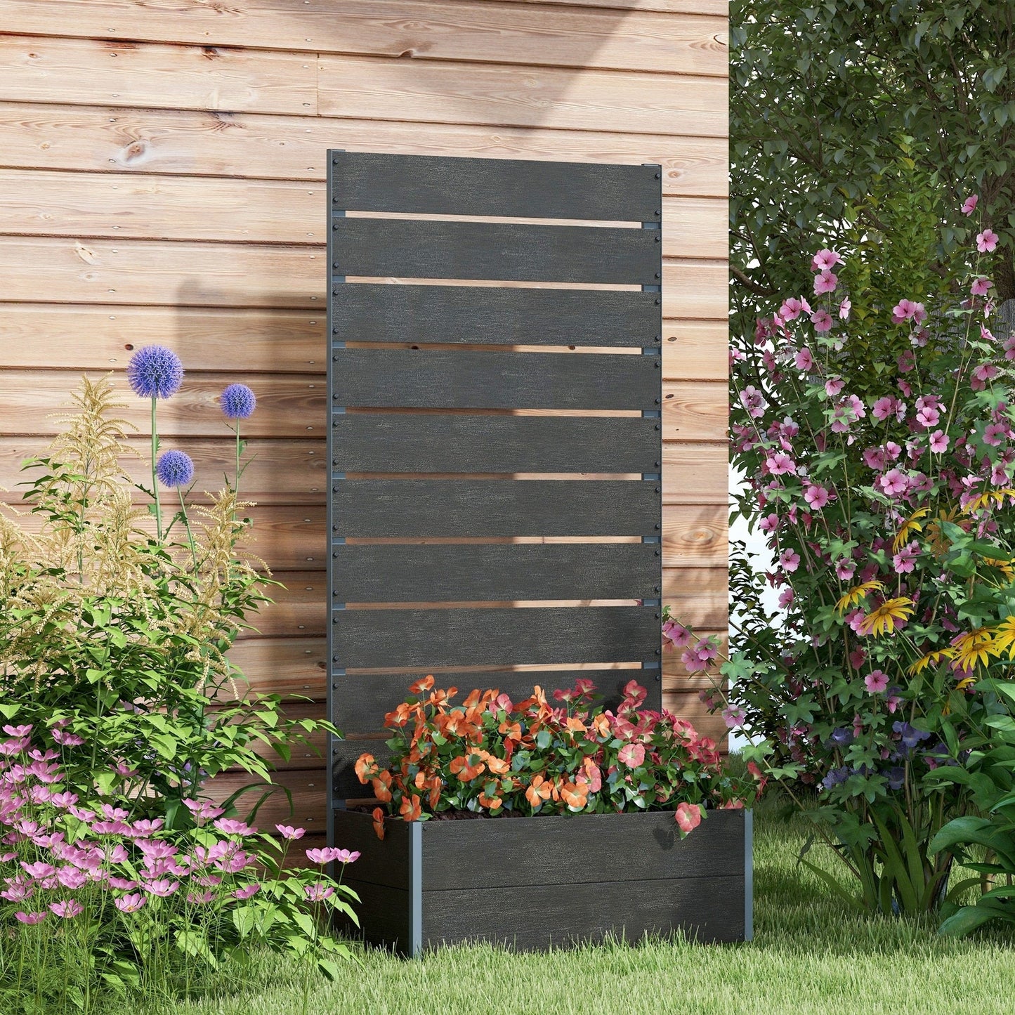 Outsunny Raised Garden Bed with Trellis for Climbing Plants, Planter Box with Drainage Gap, Freestanding Trellis Planter
