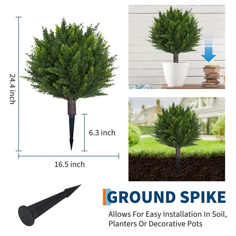 Set of 2 18" Artificial Cedar Topiary Ball Trees with Ground Spike, Indoor Outdoor Fake Shrubs Plants - Green