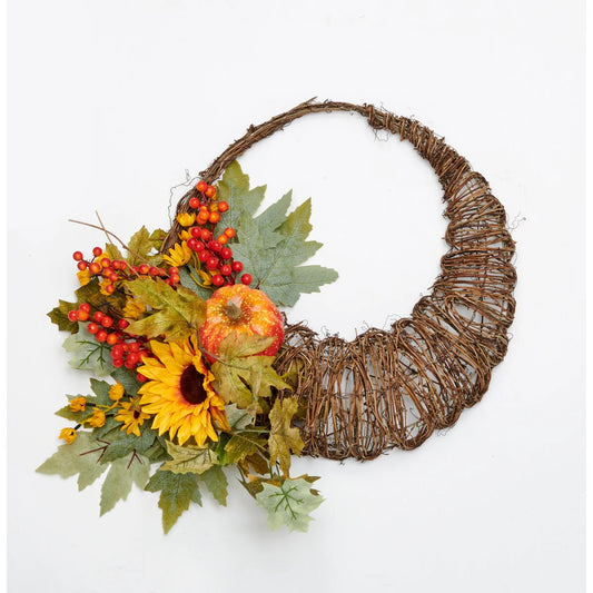 18" Fall Leaves Pumpkin Berries Cornucopia Wreath