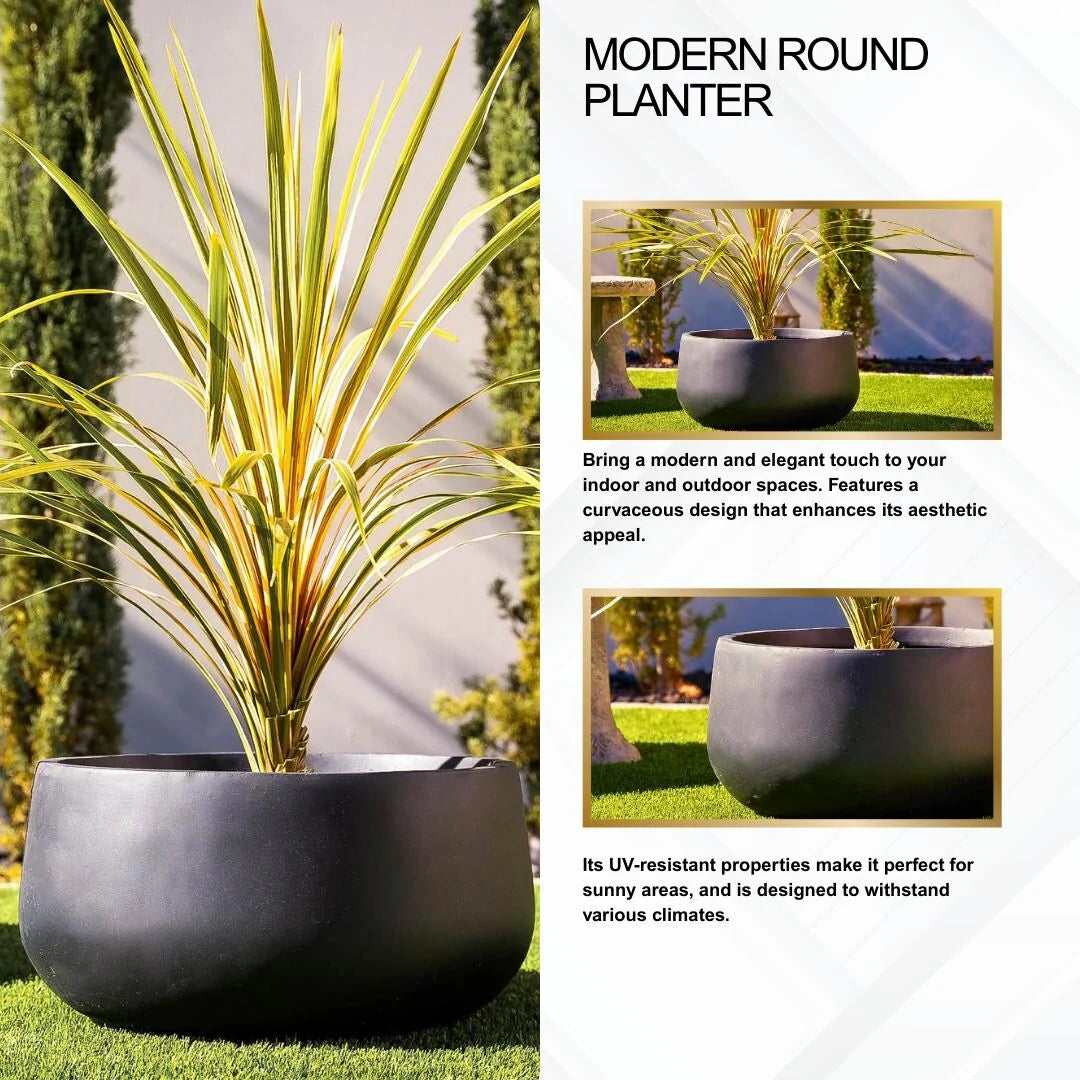 Kante 19.6"W Weathered Concrete Round Planter, Outdoor/Indoor Modern Planter, Seamless with Drainage Hole, Black