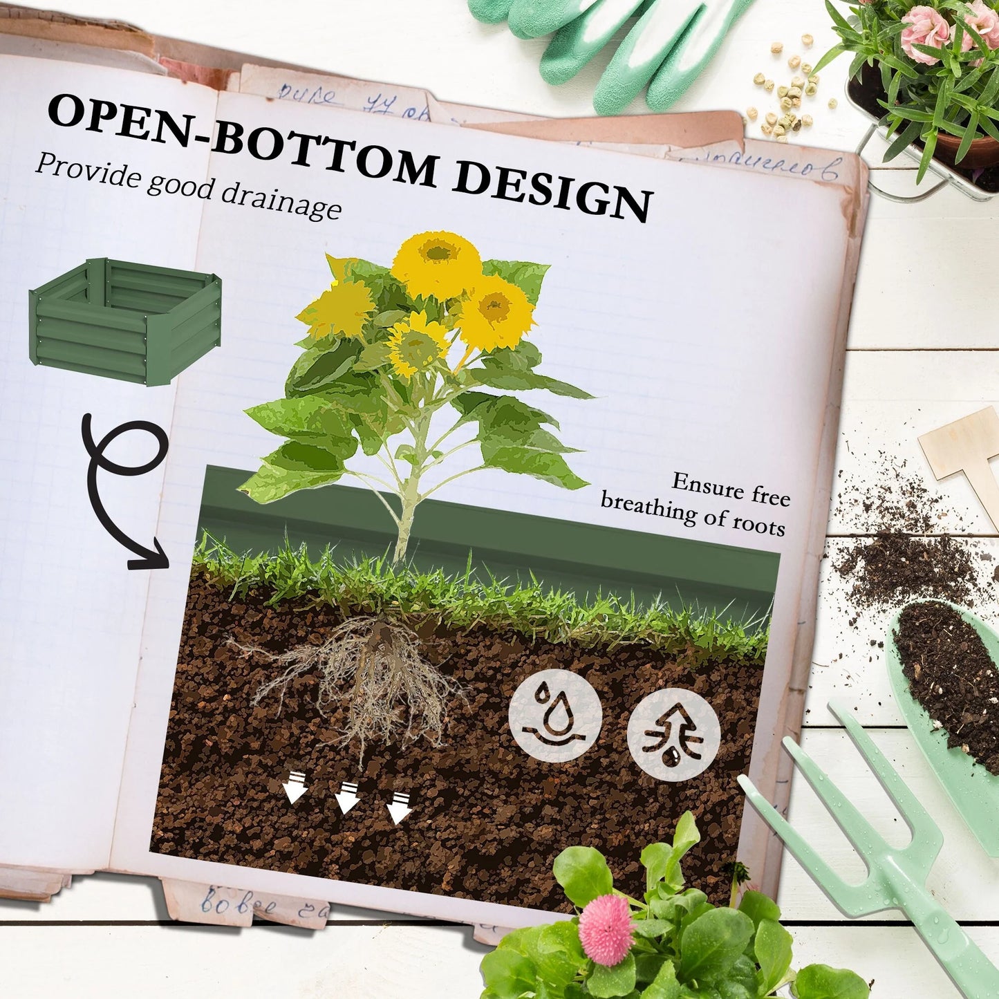 Outsunny Galvanized Raised Garden Bed, 24" x 24" x 11.75" Outdoor Planter Box with Trellis Tomato Cage and Open Bottom