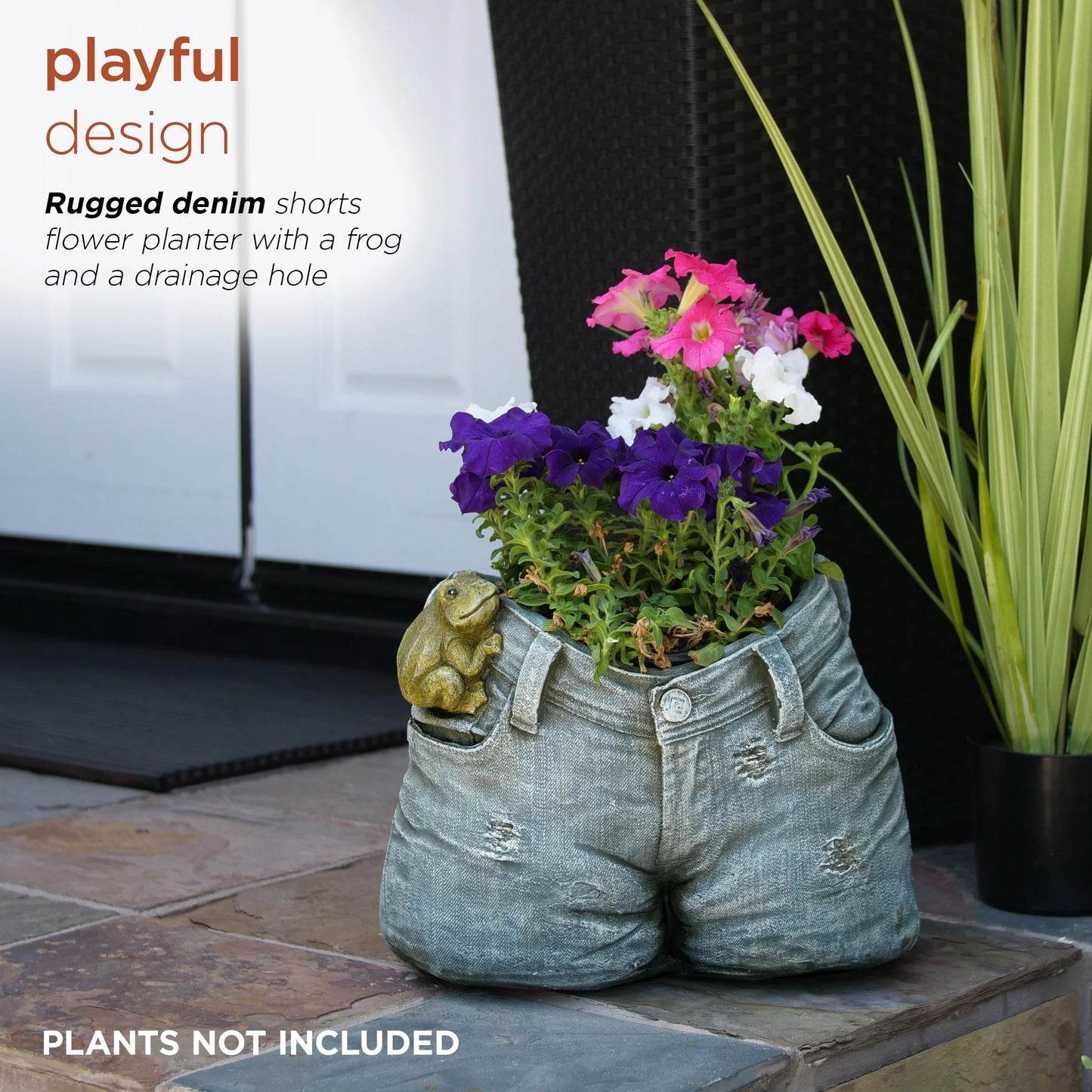 Alpine Corporation 10" Tall Indoor/Outdoor Denim Shorts with Frog Shaped Planter and Yard Decoration - 14"L x 11"W x 10"H